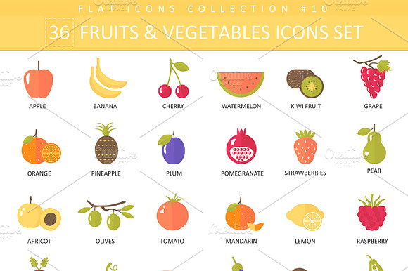 36 Fruits Vegetables Flat Icon Set