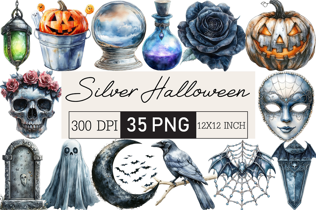 Silver Halloween Clipart PNG, an Illustration by Black Bird Studio (Photo 1 of 6)