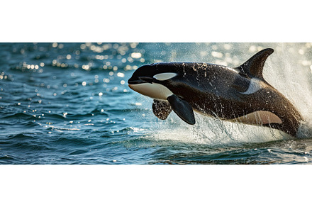 jumping orca in summer ocean waters, an Animal Photo by Neirfy