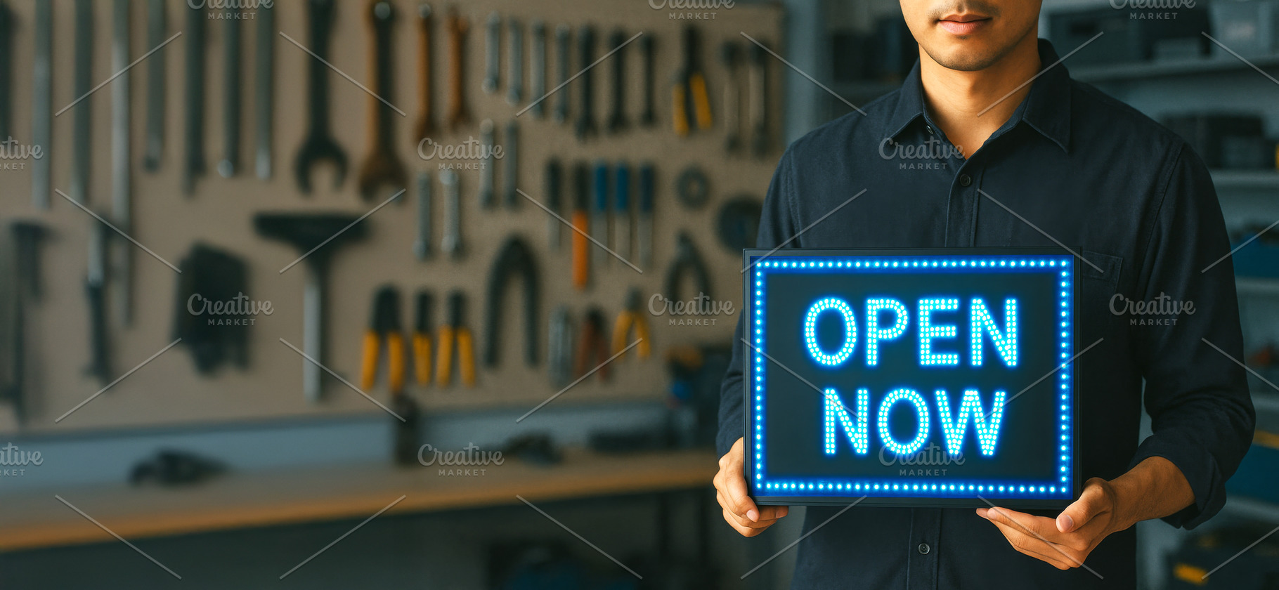 Small business owner holding open si, a Photo by Dvoevnore photos