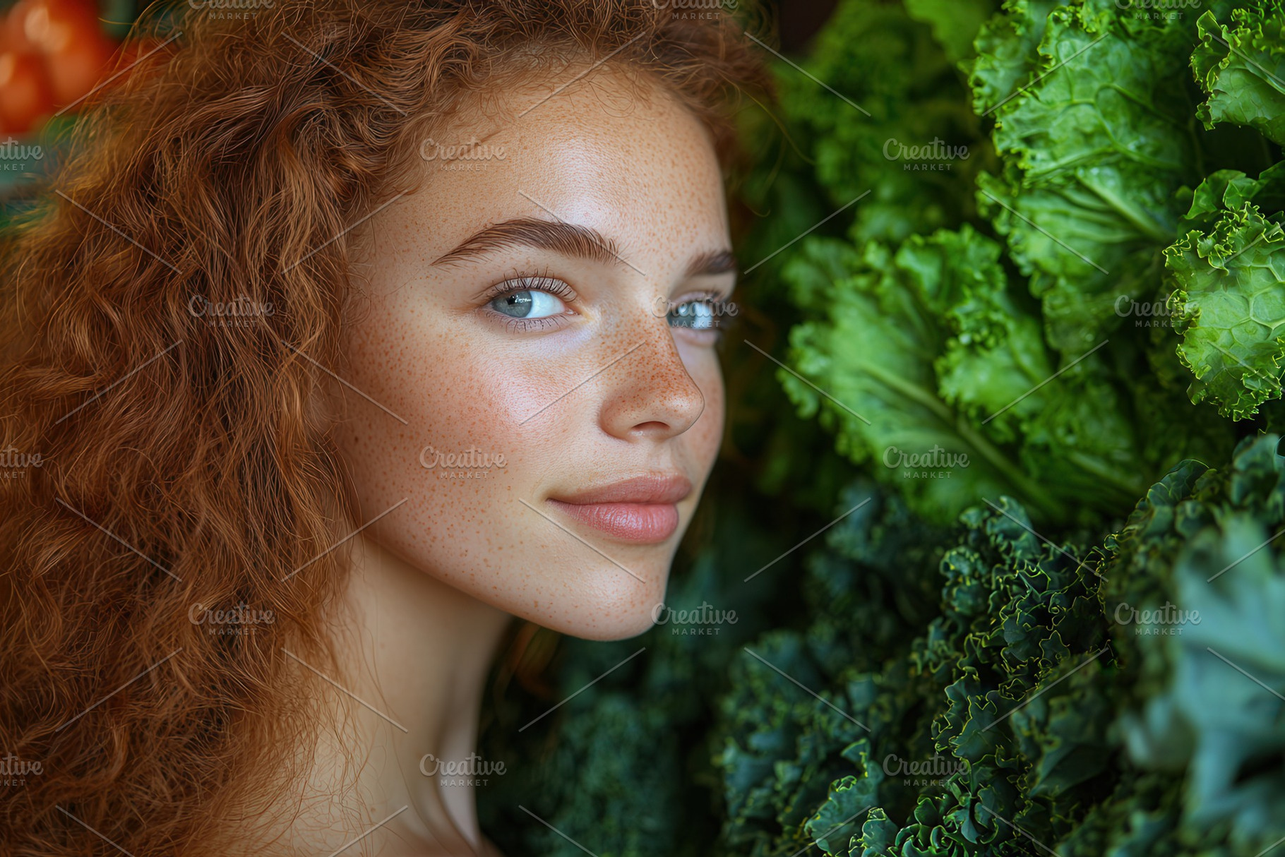 Young woman with curly red hair posi, a Photo by Tanuart