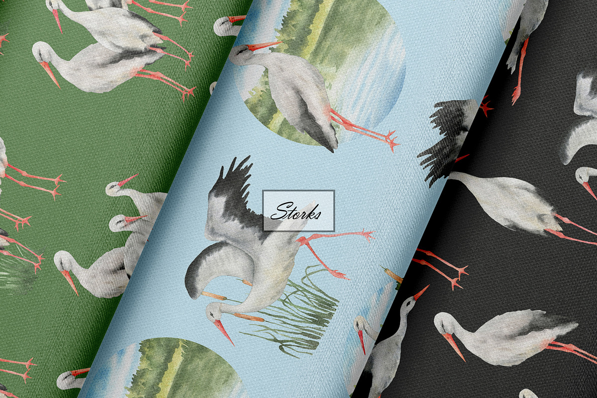 Watercolor Stork Seamless Patterns, an Animal Illustration by OlDm_Shop (Photo 5 of 10)