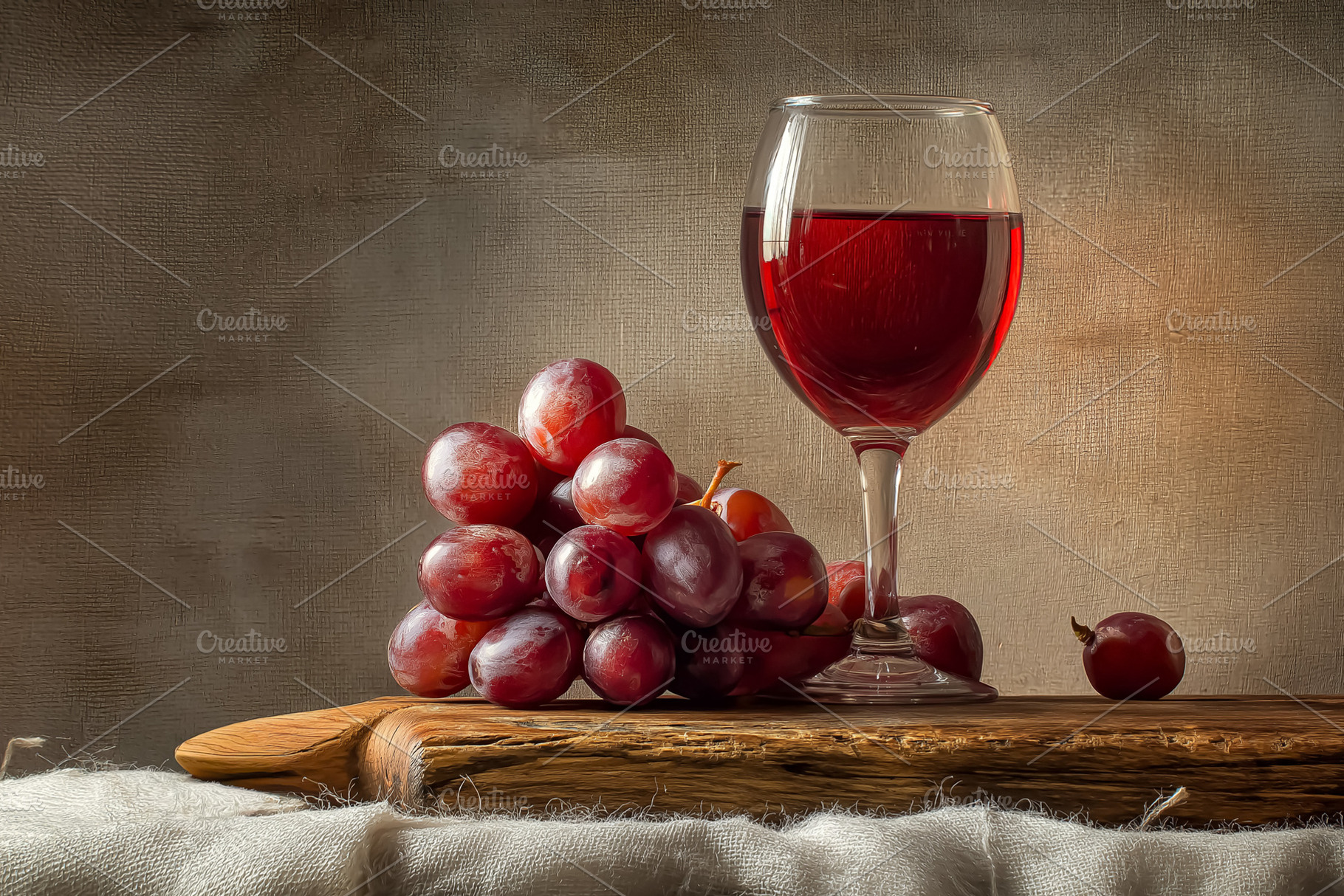 Red wine in a glass with fresh grapes on a rustic wooden board, a classic still, a Food & Drink Photo by Studio ANNA
