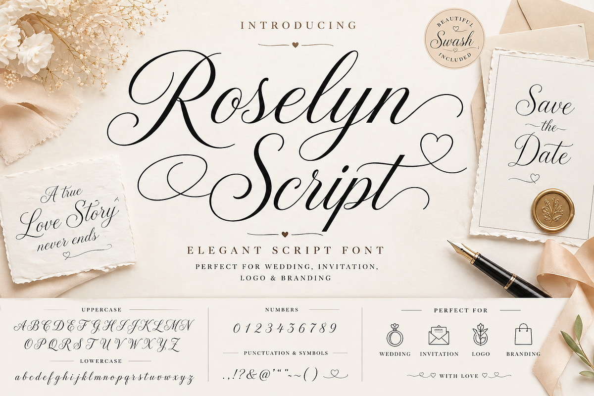Roselyn Script Elegant Wedding font, a Script Font by RAHMAT (Photo 4 of 7)