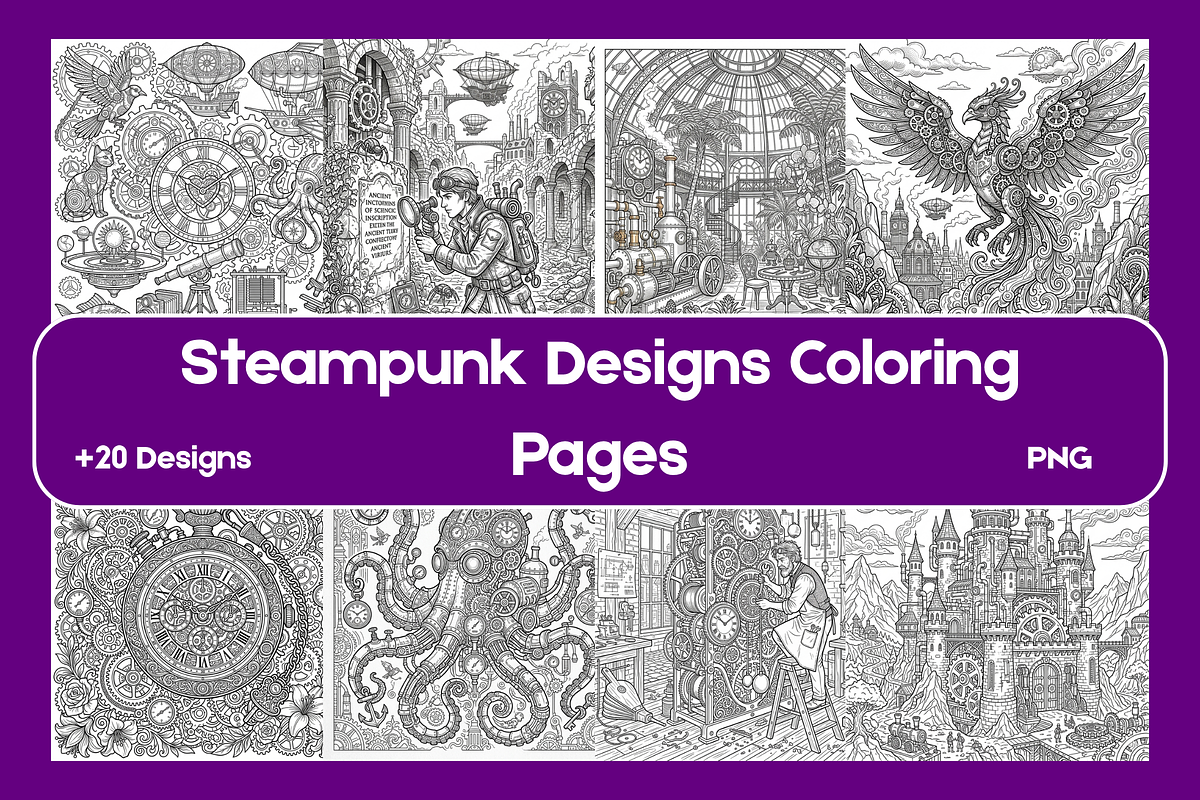 Steampunk Coloring Pages, a Decorative Illustration by BerryPieArt (Photo 1 of 3)