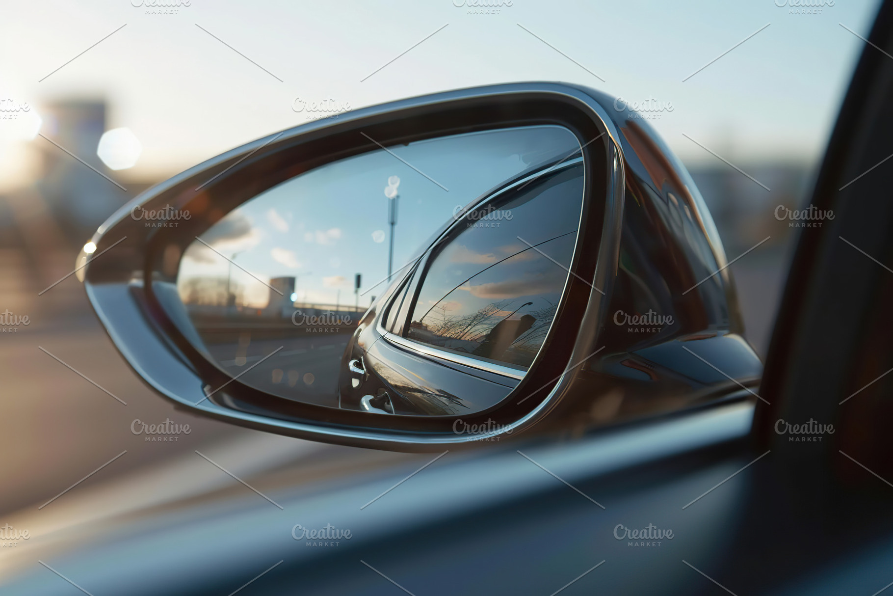 Side view car mirror with reflection, a Photo by AlyaAnd