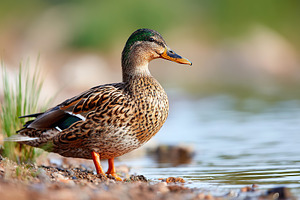 Duck resting by the calm water on a sunny day near the shore, an Animal Photo by AlyaAnd