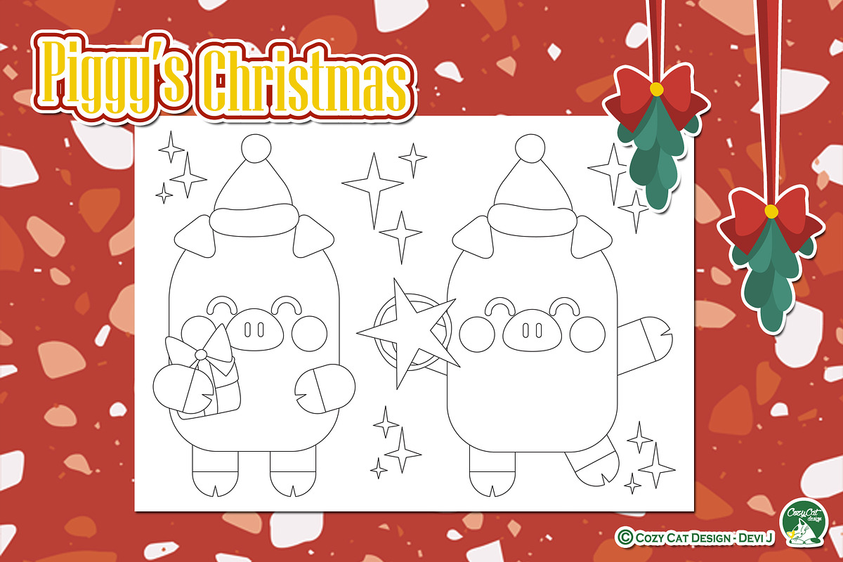 Piggy Christmas Coloring Pages, an Education Illustration by Cozy Cat Design (Photo 6 of 7)