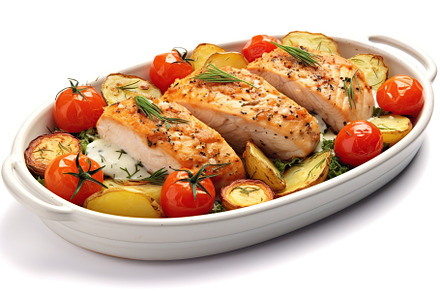 Baked chicken fillet with vegetables on white background. Generative AI, a Food & Drink Photo by AlyaAnd