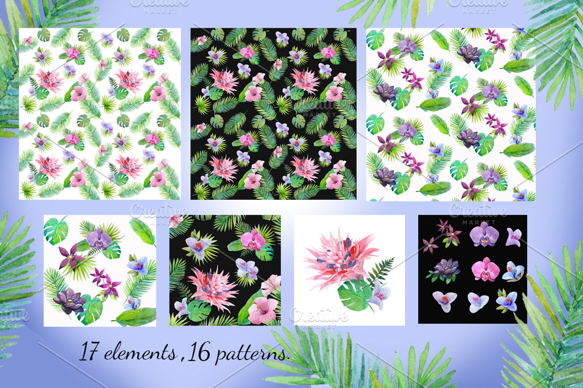 Watercolor pink tropical flowers., an Illustration by yulia.sukhanova (Photo 3 of 4)