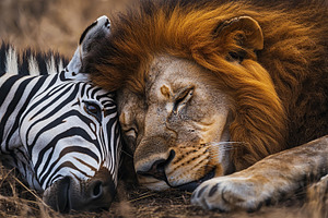 Male lion and a zebra sleeping near each other in African savannah, an Animal Photo by AlyaAnd