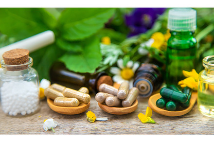 Homeopathy herbs and medicine pills, a Health & Medical Photo by yanadjana