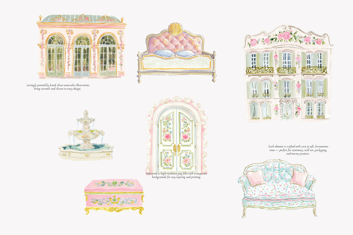Pastel chateau watercolor clipart, a Decorative Illustration by Patishop Art (Photo 3 of 9)