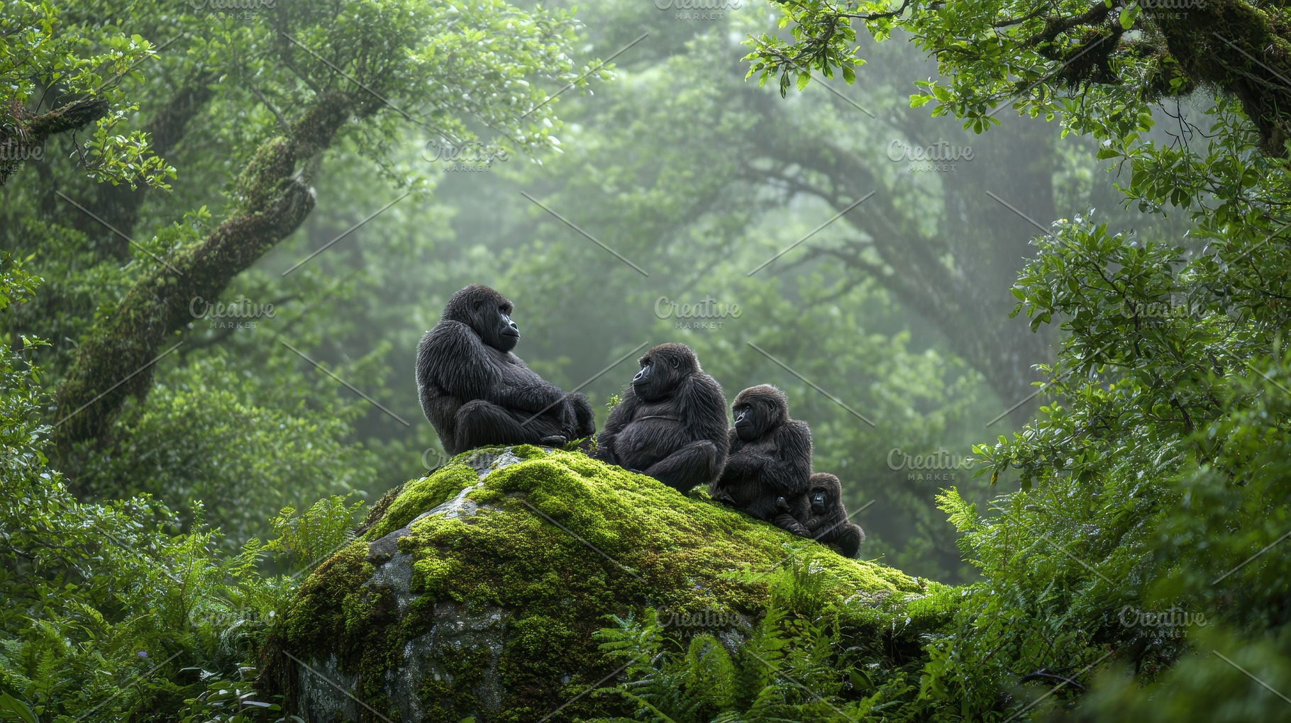 Four gorillas sit on a rock surround, a Photo by Pavel_design