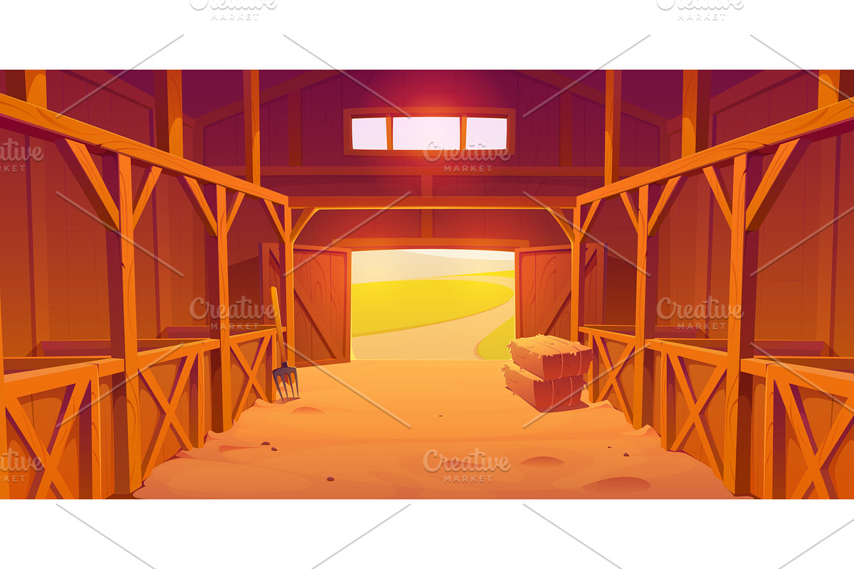 Wooden farm stable barn interior, an Animal Illustration by Vector Tradition