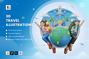 3D Travel Illustration Set, a Scene 3D Model by Flat Icons