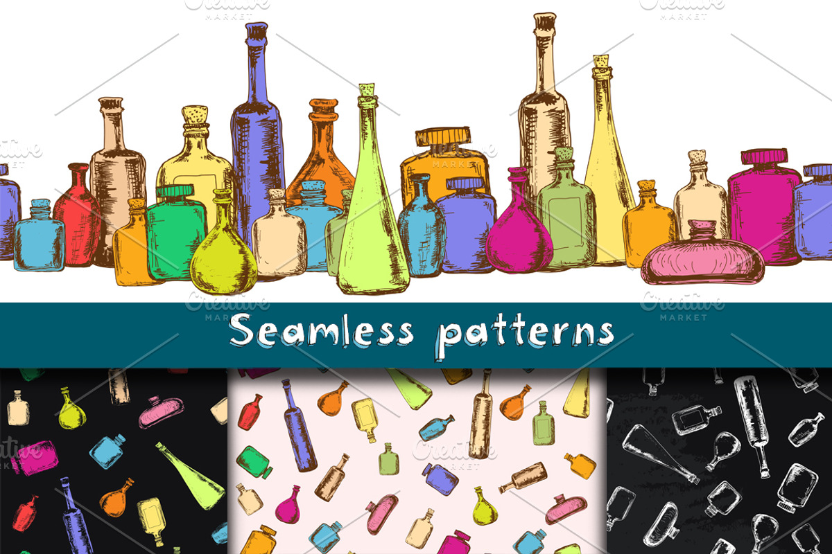 Seamless patterns with bottles