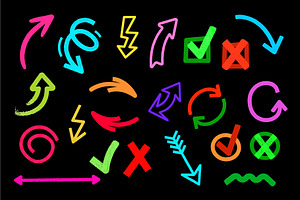 Hand Drawn Neon Arrows Vector Set