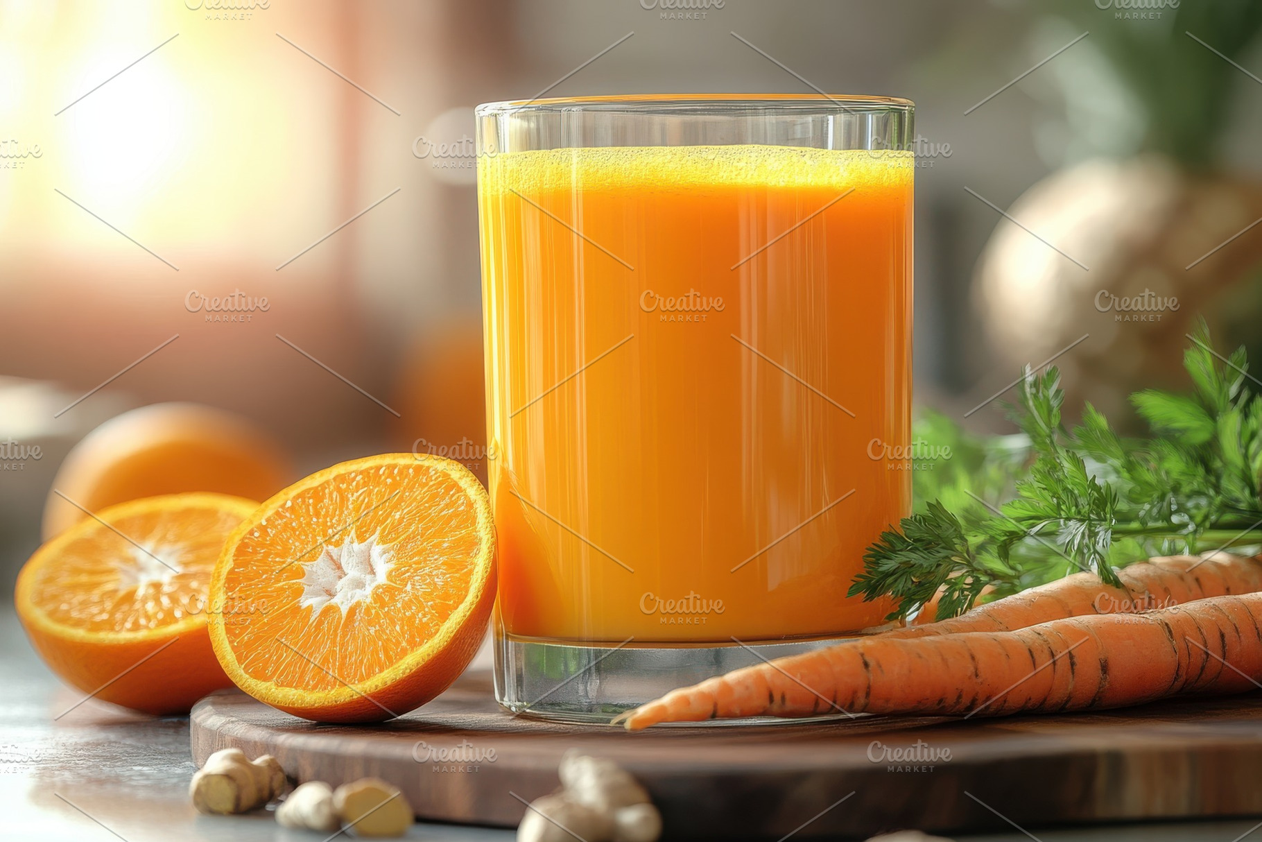 Bright glass of vibrant orange juice, a Food & Drink Photo by Pixeness Studio
