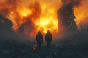 Two figures walk through a war-torn, a Photo by Tanuart