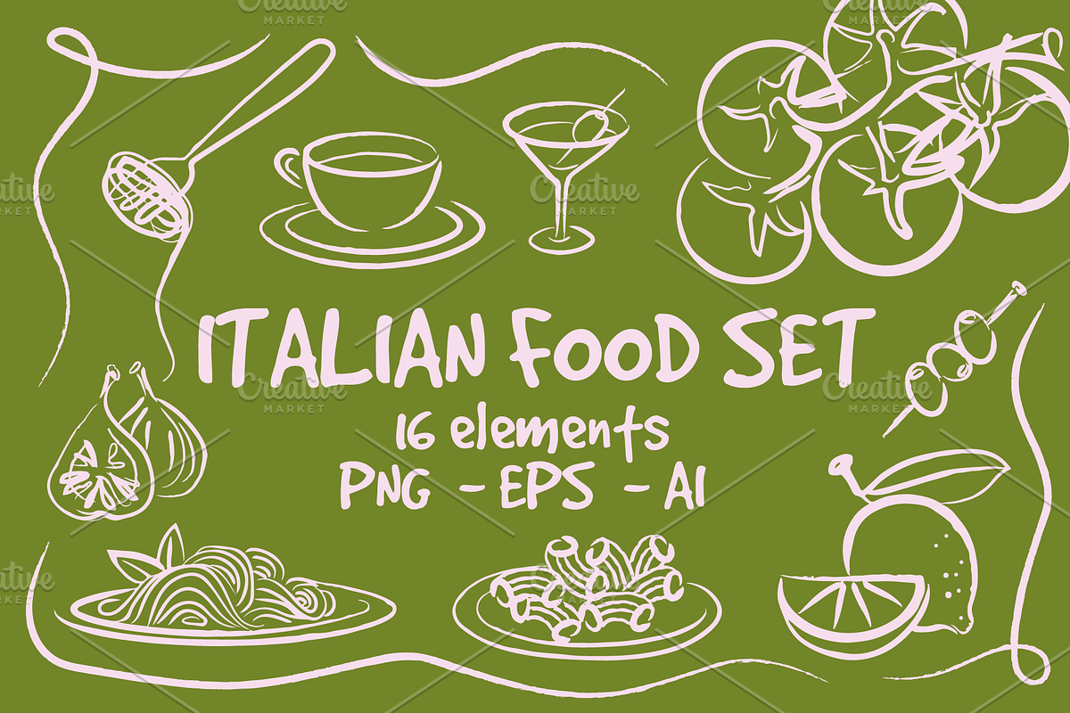 ITALIAN FOOD SET (16 ELEMENTS), a Food Illustration by Bonfloret Studio (Photo 1 of 6)