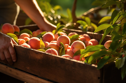 A person is harvesting ripe peaches from a wooden crate in a sunlit orchard. Th, a Food & Drink Photo by Textures & Backgrounds