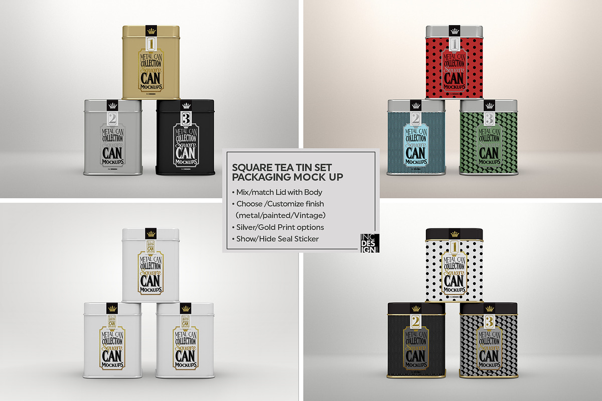 Square Tea Tin Set Packaging Mockup, a Cups & Container Mockup by INCDesign (Photo 6 of 6)