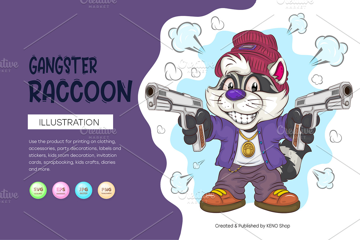Cartoon Raccoon Gangster. T-Shirt., an Animal Illustration by KENO Mascots (Photo 1 of 3)