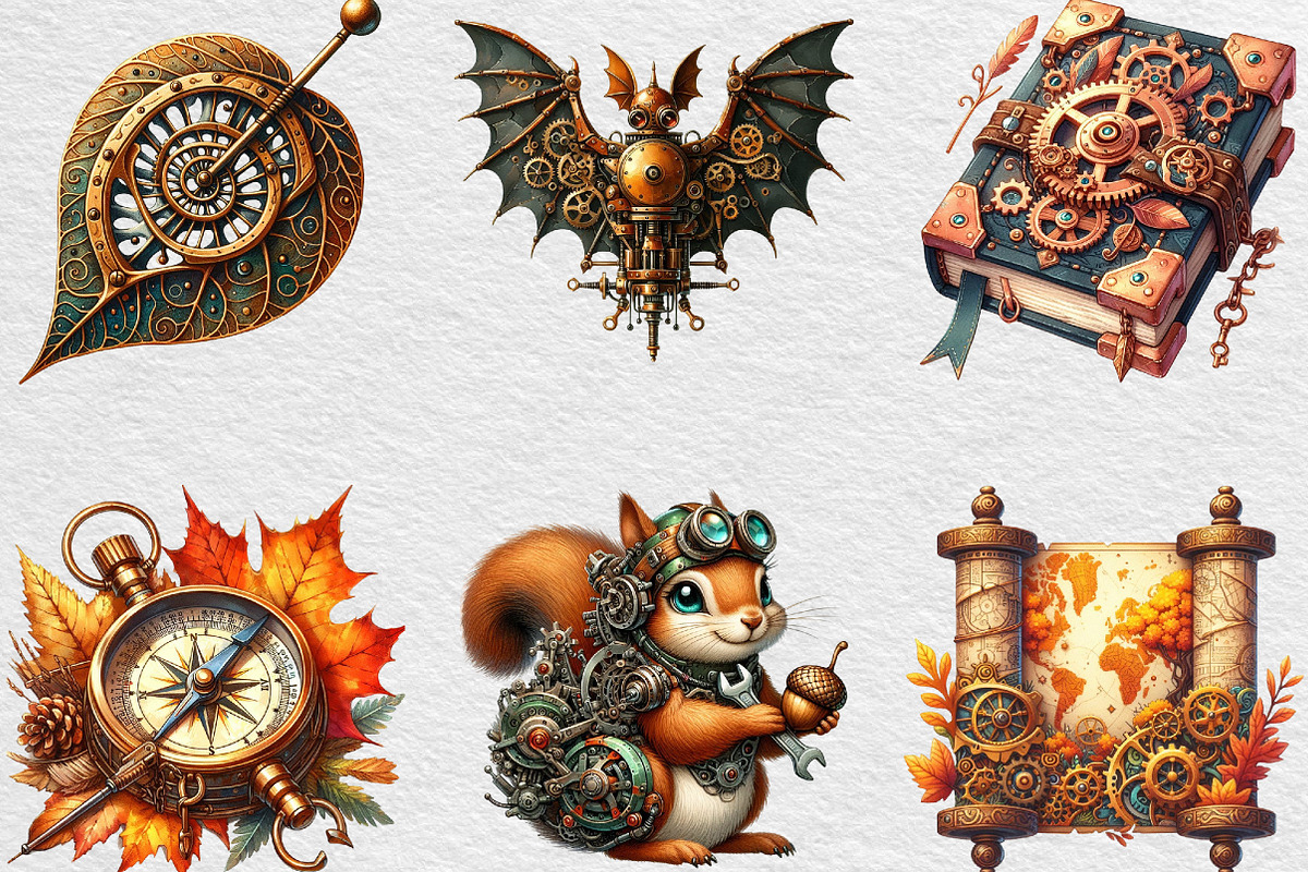 Watercolor Steampunk Autumn Clipart, an Illustration by Black Bird Studio (Photo 2 of 6)