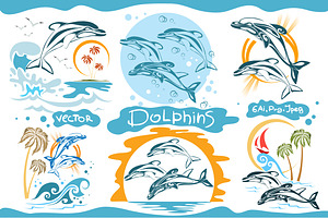 Dolphins and the sea. Vector art.