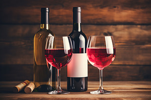 Bottles and glasses of red and white wine on wooden background, a Food & Drink Photo by AlyaAnd