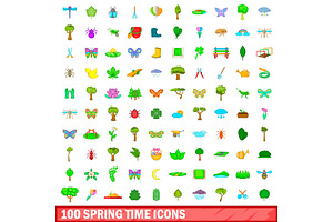 100 Spring Time Icons Set, Cartoon