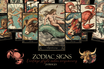 Zodiac signs. Vintage engraving, a Decorative Illustration by Chikovnaya
