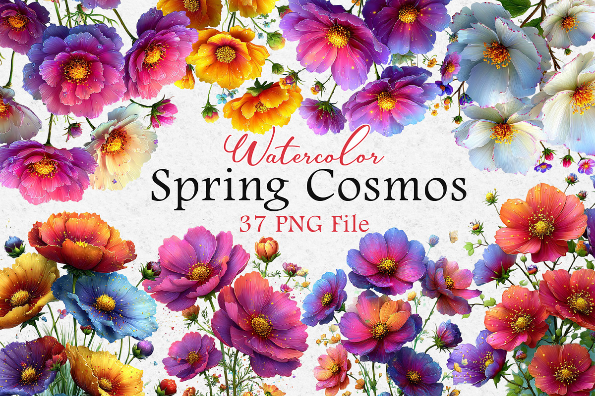 Watercolor Cosmos Flowers Clipart, an Illustration by Dream Creation (Photo 1 of 7)