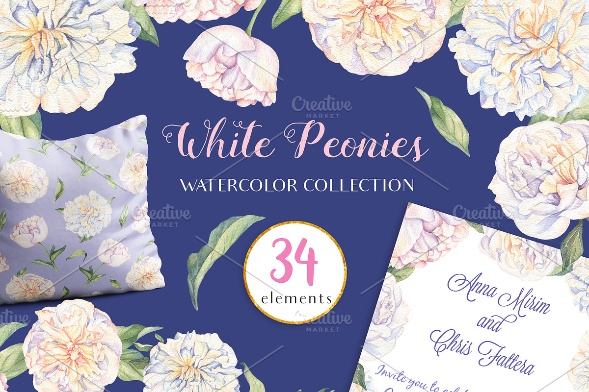 White Peonies-Watercolor Set, a Decorative Illustration by Irina Diasli (Photo 1 of 10)