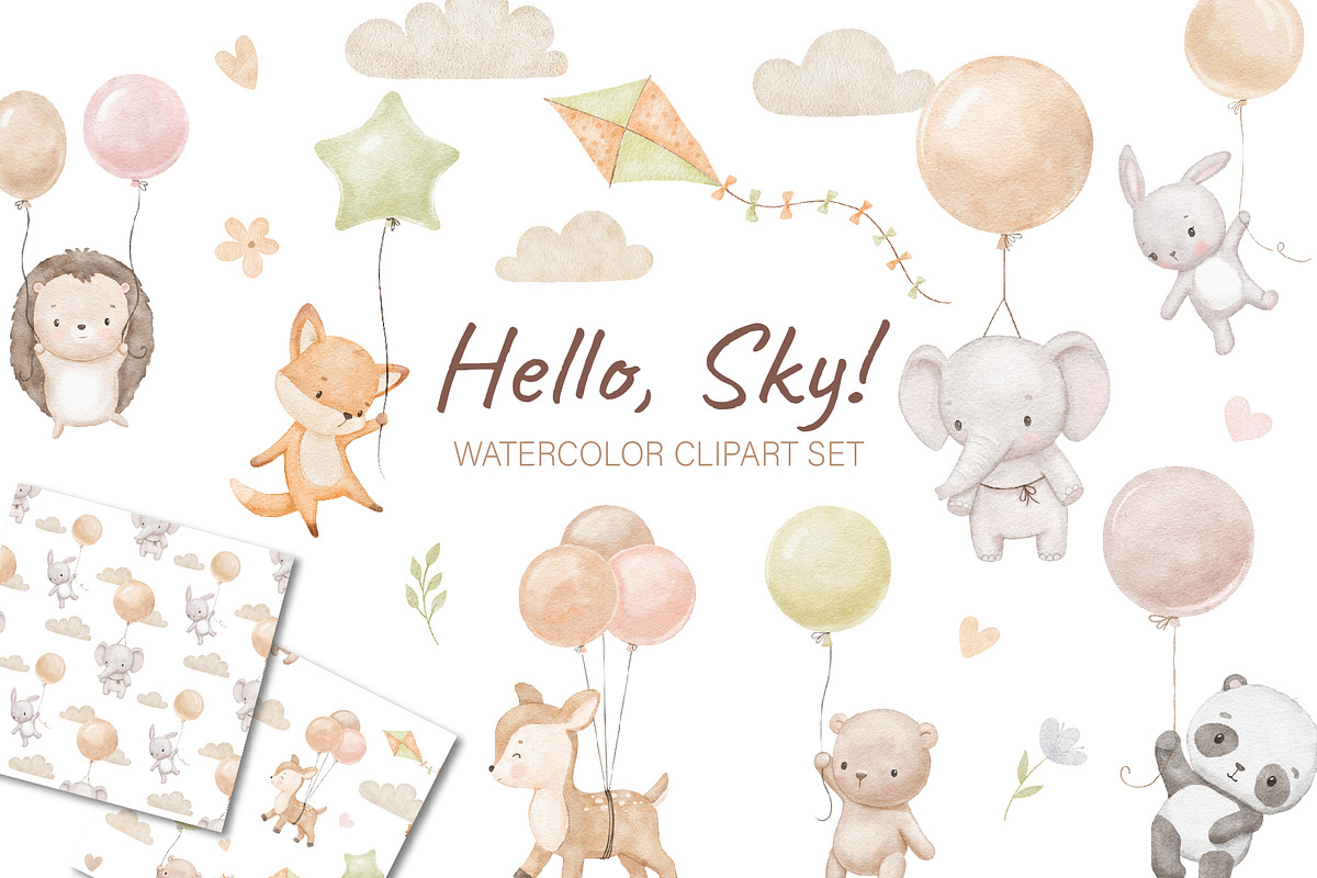 Cute watercolor animals with balloon, an Animal Illustration by ElenaPlatovaArt (Photo 1 of 11)