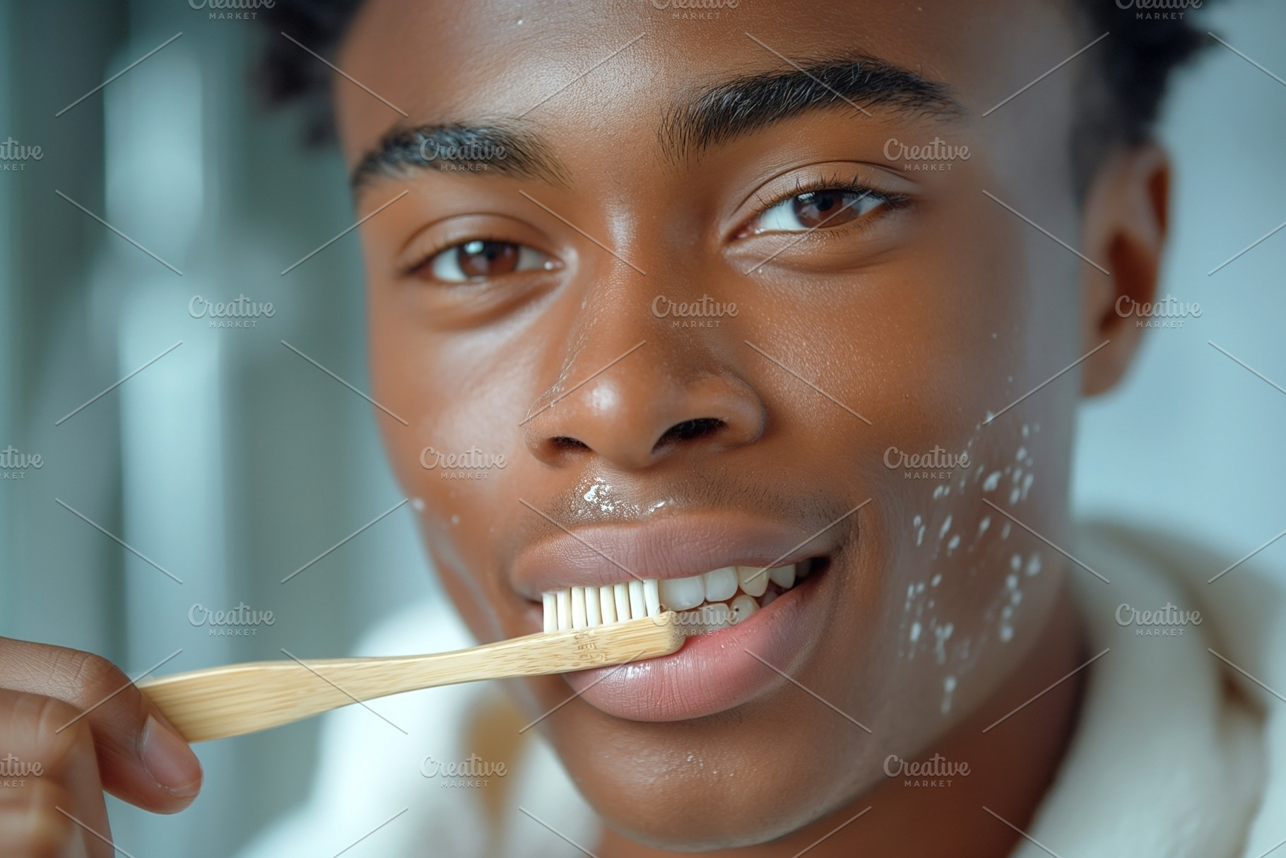 Young Black male brushing his teeth, showcasing a bright smile a, a Person Photo by ImageMir