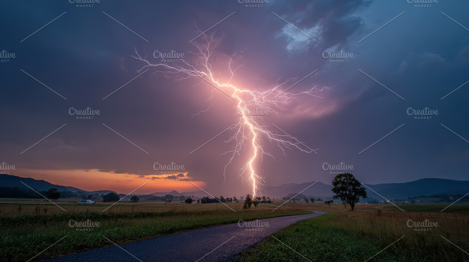 Lightning Strike over Rural Landscap, a Photo by Pixeness Studio