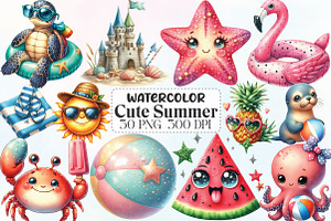 Watercolor Cute Summer PNG Clipart, an Illustration by CraftArtStudio