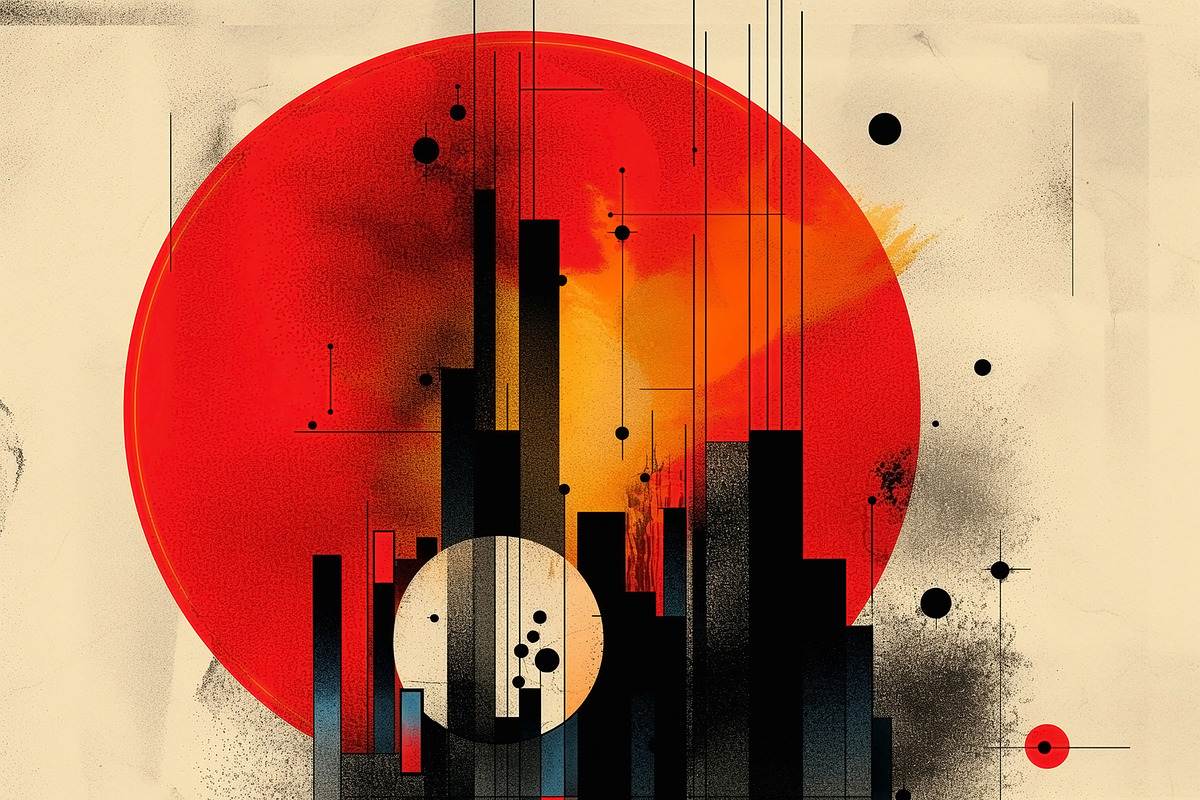 Abstract art featuring bold geometric shapes and a striking red, a Decorative Illustration by ImageMir
