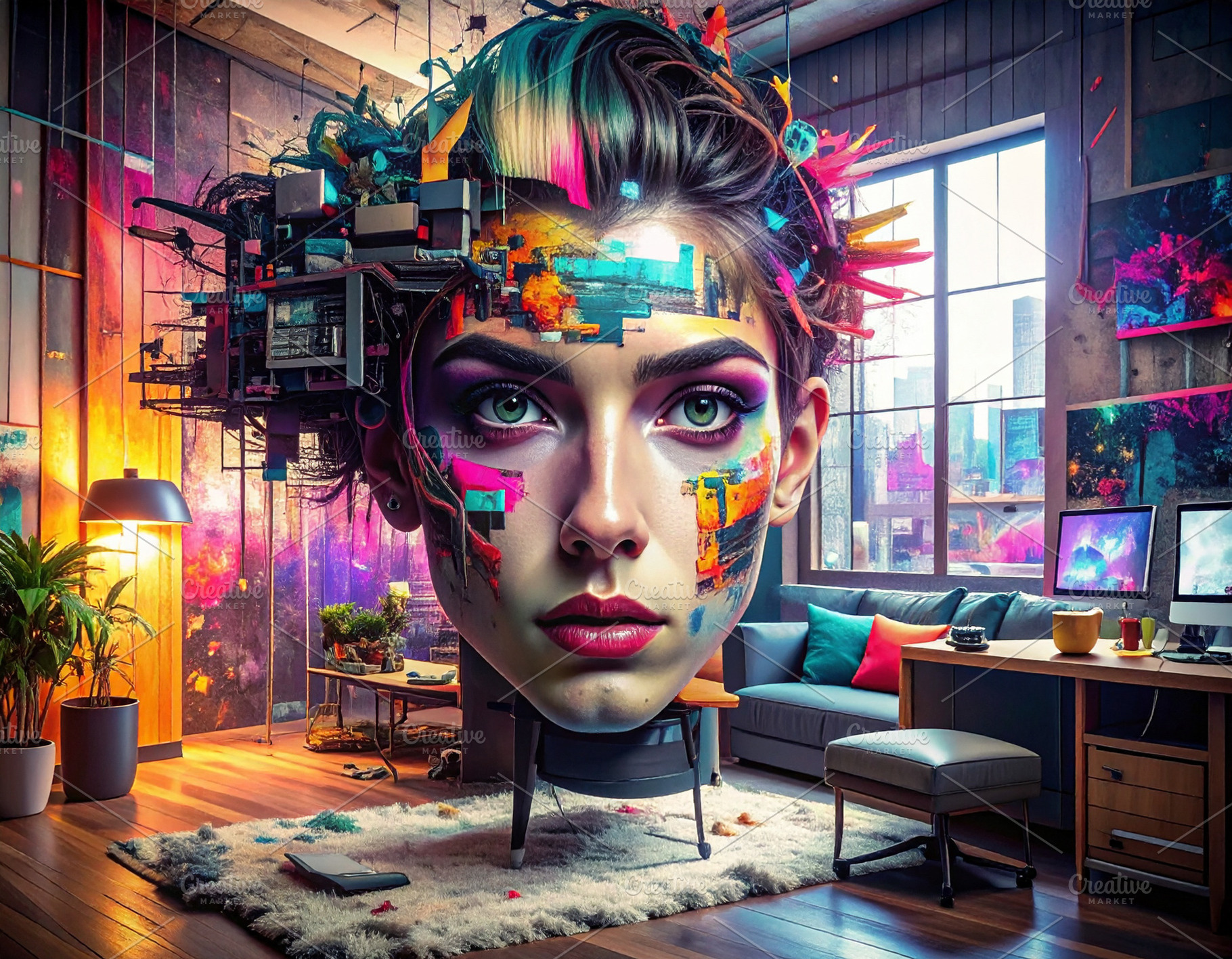 Experimental digital collage woman portrait with glitch style ba, a Photo by DanFLCreativo
