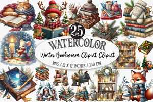 Watercolor Winter Bookworm Clipart, an Illustration by Designking