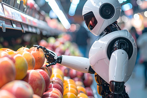 Android robot examining a pear in futuristic grocery shopping sc, a Technology Photo by GoodGoods