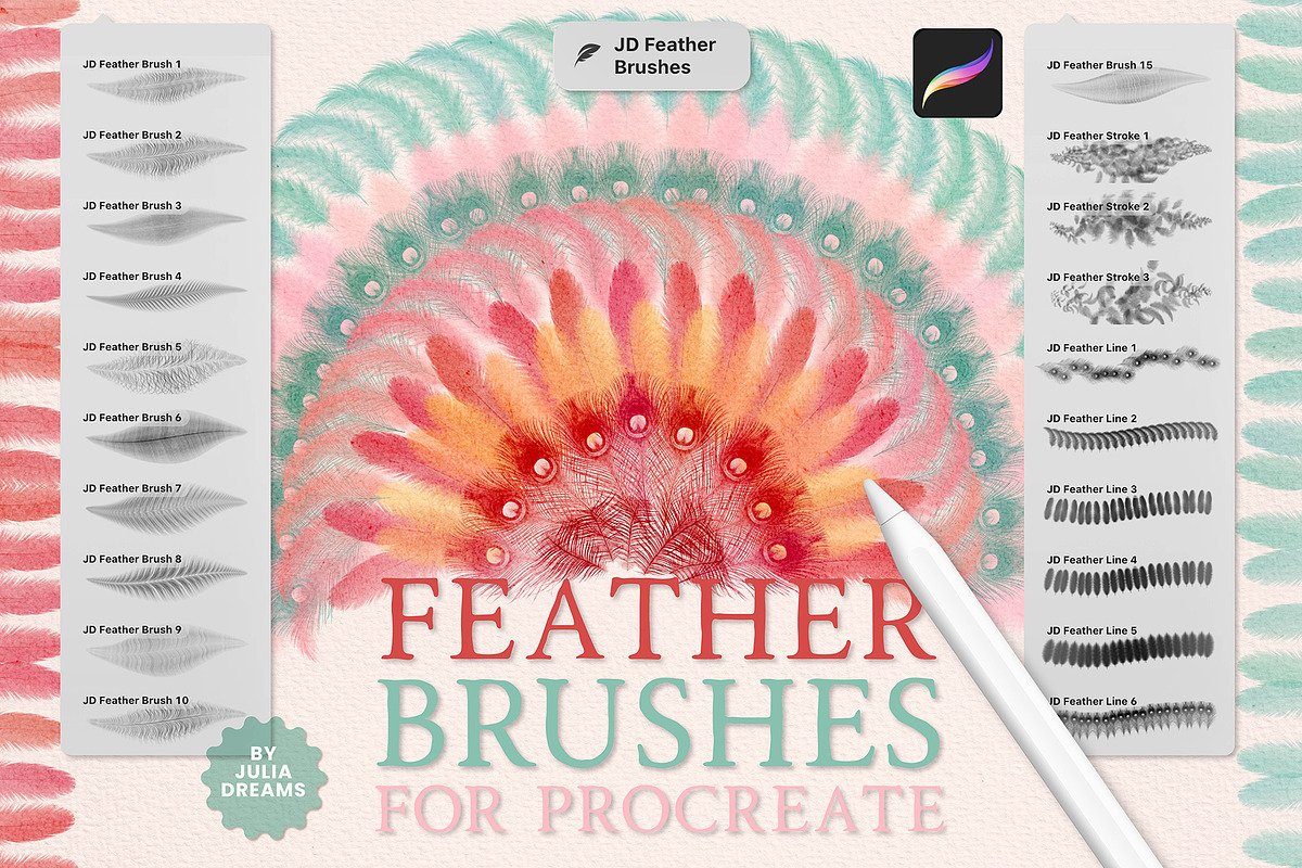 Feather Brushes for Procreate, a Brush Add-On by Julia Dreams (Photo 1 of 5)