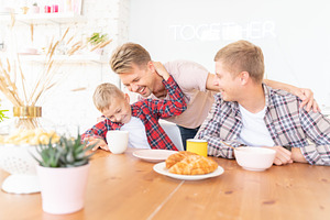 Happy family containing cereal, milk, and healthy