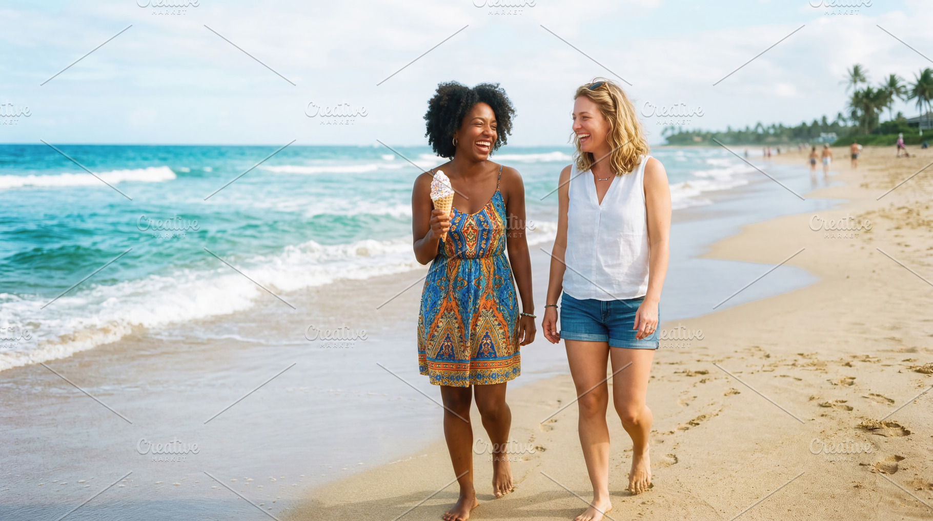 Two Women Walking on Beach with Ice Cream, a Sports & Recreation Photo by Davizro's Market