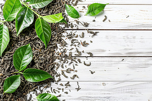 Dry tea leaves with fresh green tea leafs and copyspace on wooden background, a Food & Drink Photo by AlyaAnd