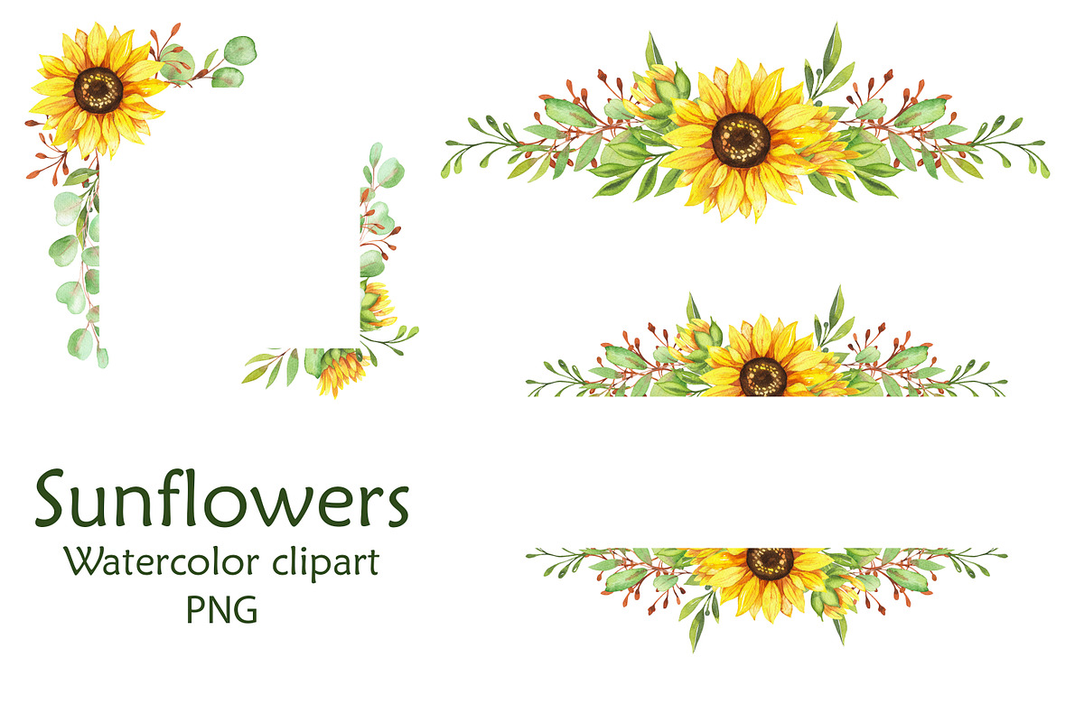 Sunflowers, set of watercolor, a Decorative Illustration by EshaStudio (Photo 1 of 9)