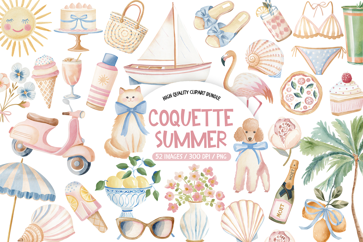 Watercolor Coquette Summer Clipart, an Illustration by TatiMockup (Photo 1 of 5)