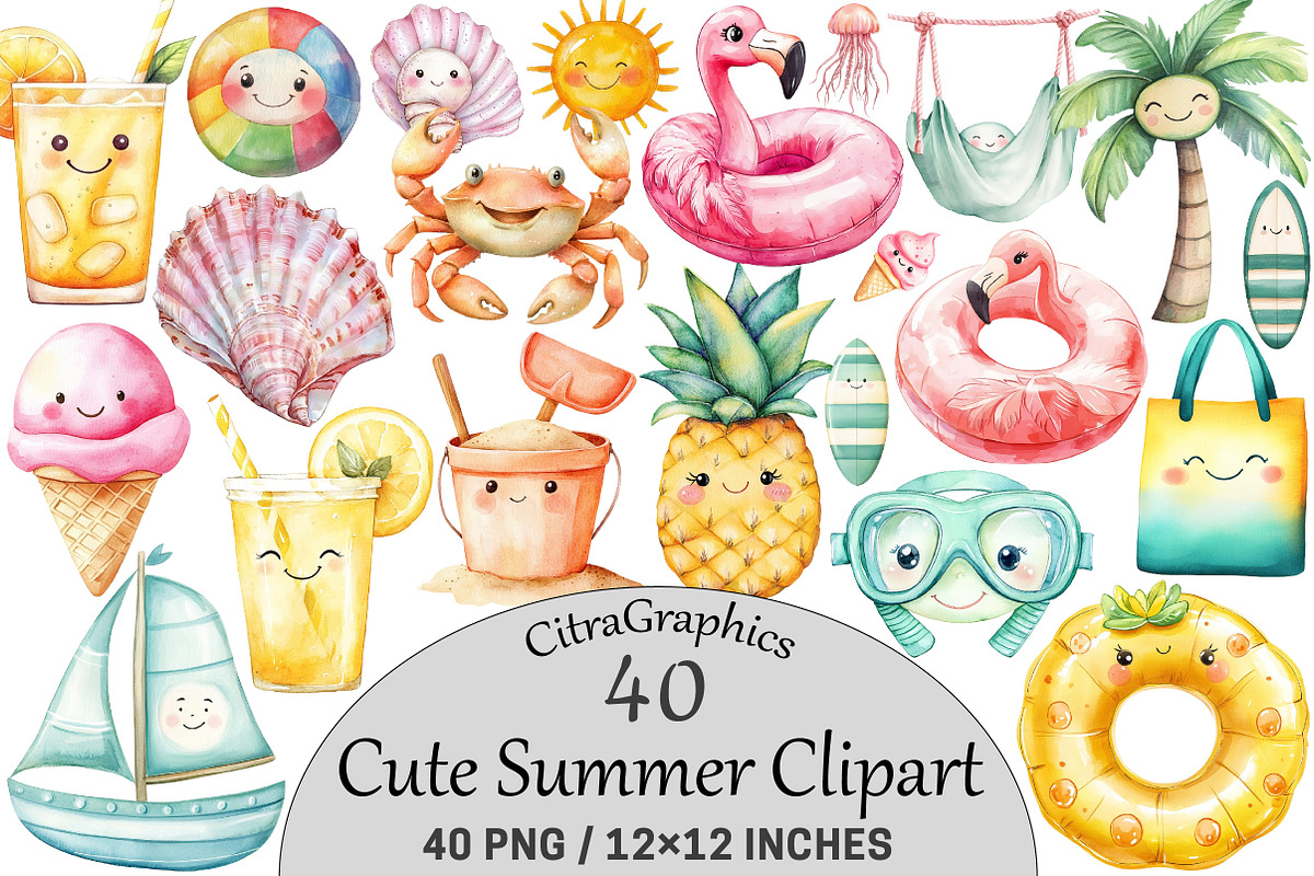 Cute Summer Clipart, a Seasonal Illustration by CitraGraphics (Photo 1 of 7)